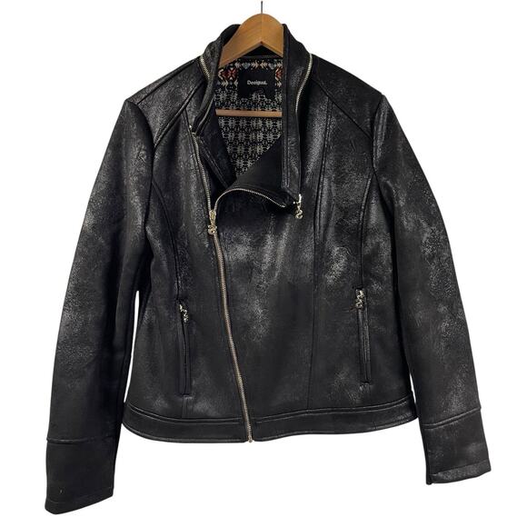 Desigual Jacket Black Marble Asymmetric Biker Faux Leather - Picture 1 of 10